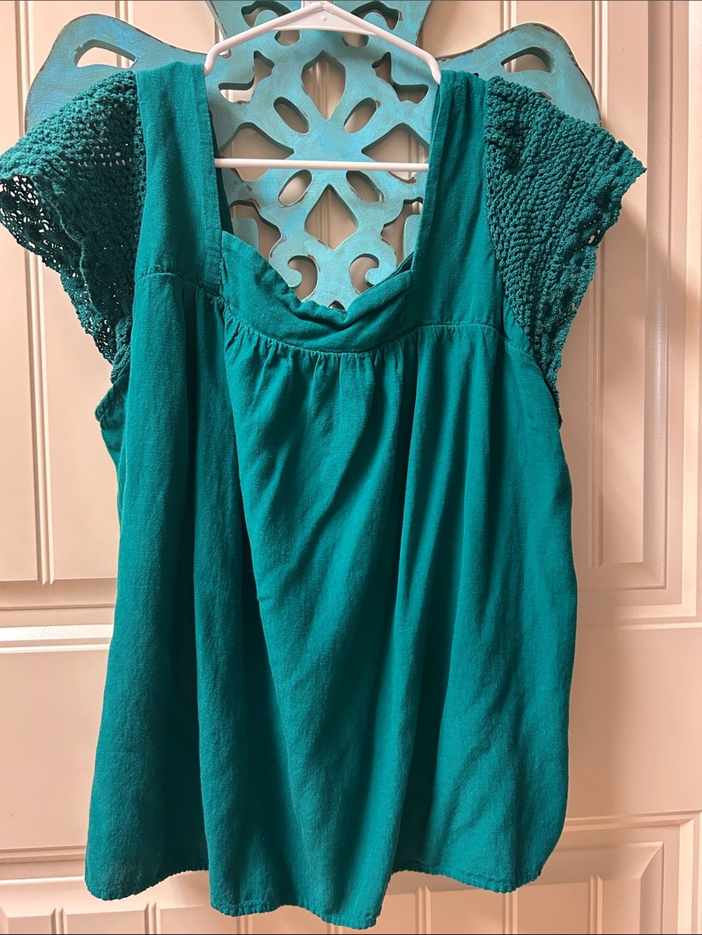 Old Navy Teal Crochet Cap-Sleeve Tunic Blouse